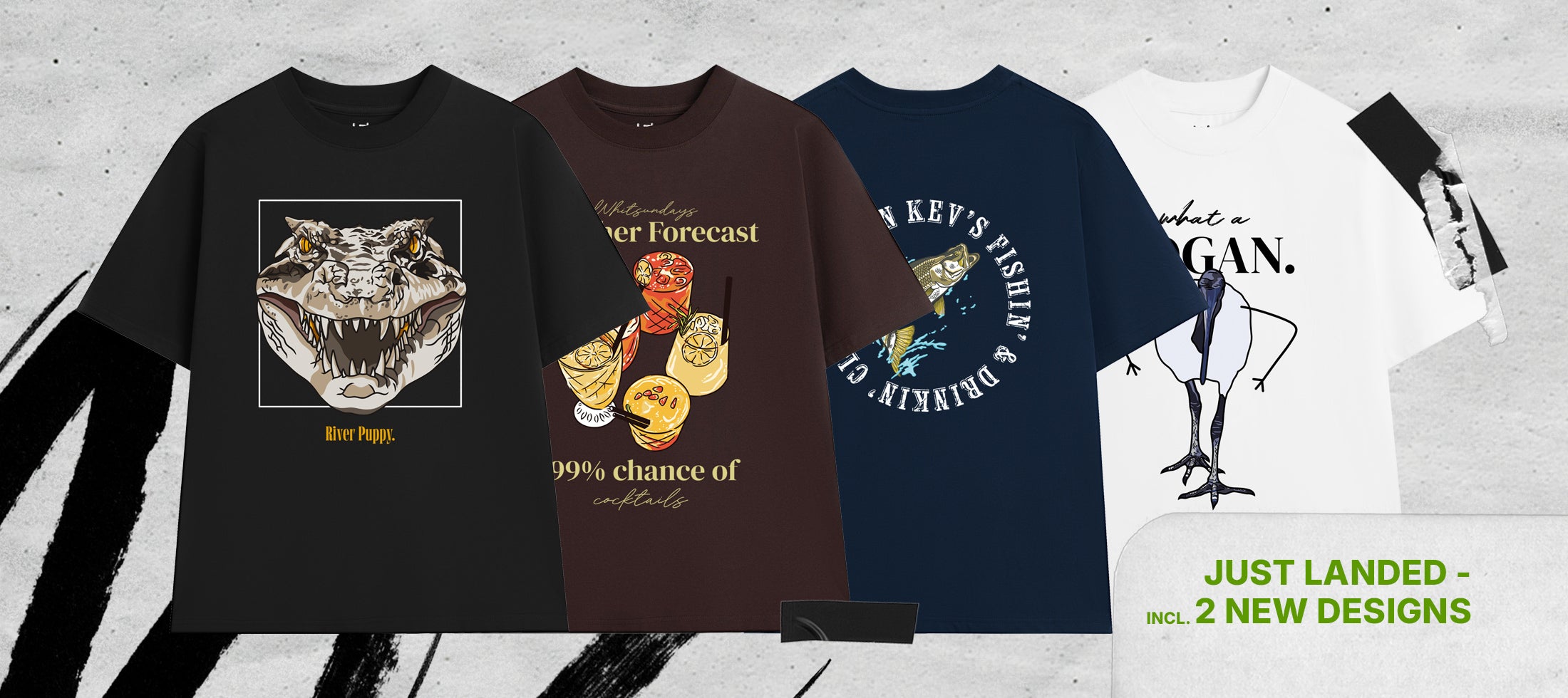 Four t-shirts with different designs on a gray background with tape and the words "Just Landed - incl. 2 New Designs".