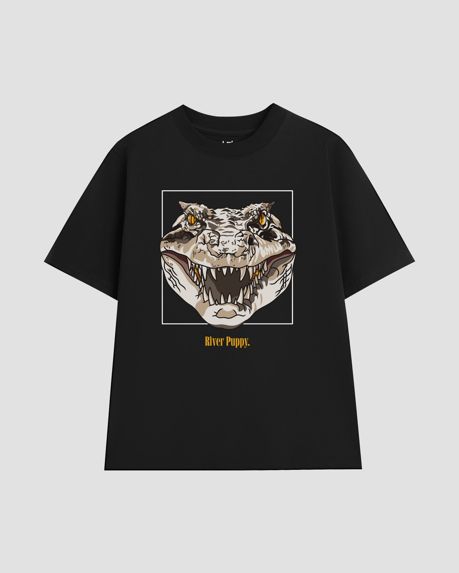 Black t-shirt with a crocodile graphic and 'River Puppy' text against a light grey background.