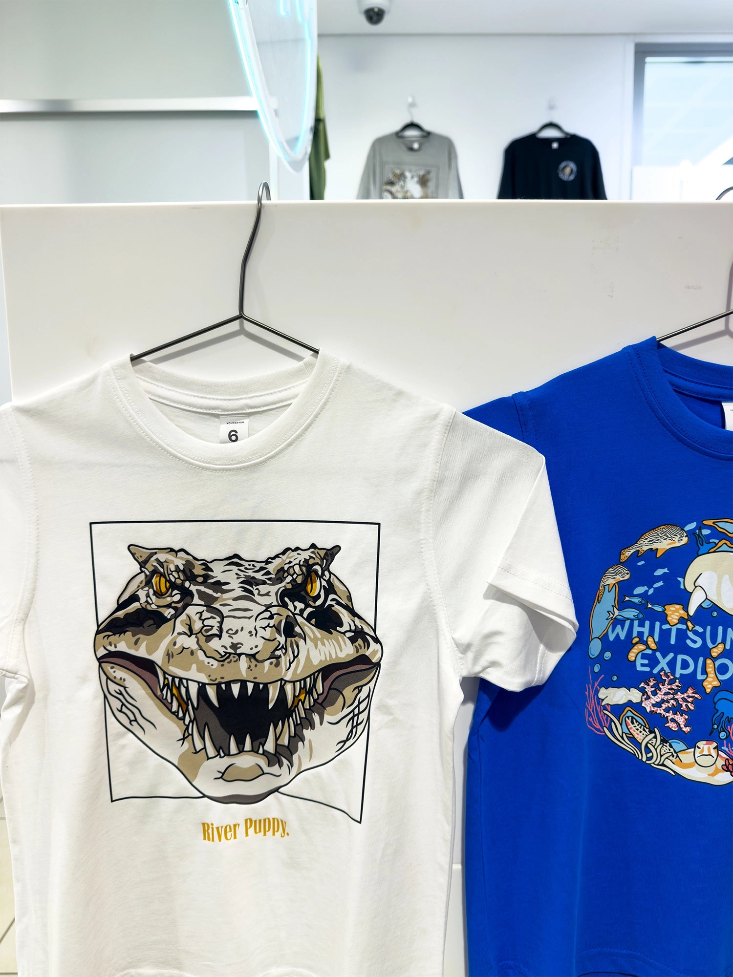 Two t-shirts, one white with a graphic design and one blue with text, hanging on a white wall.