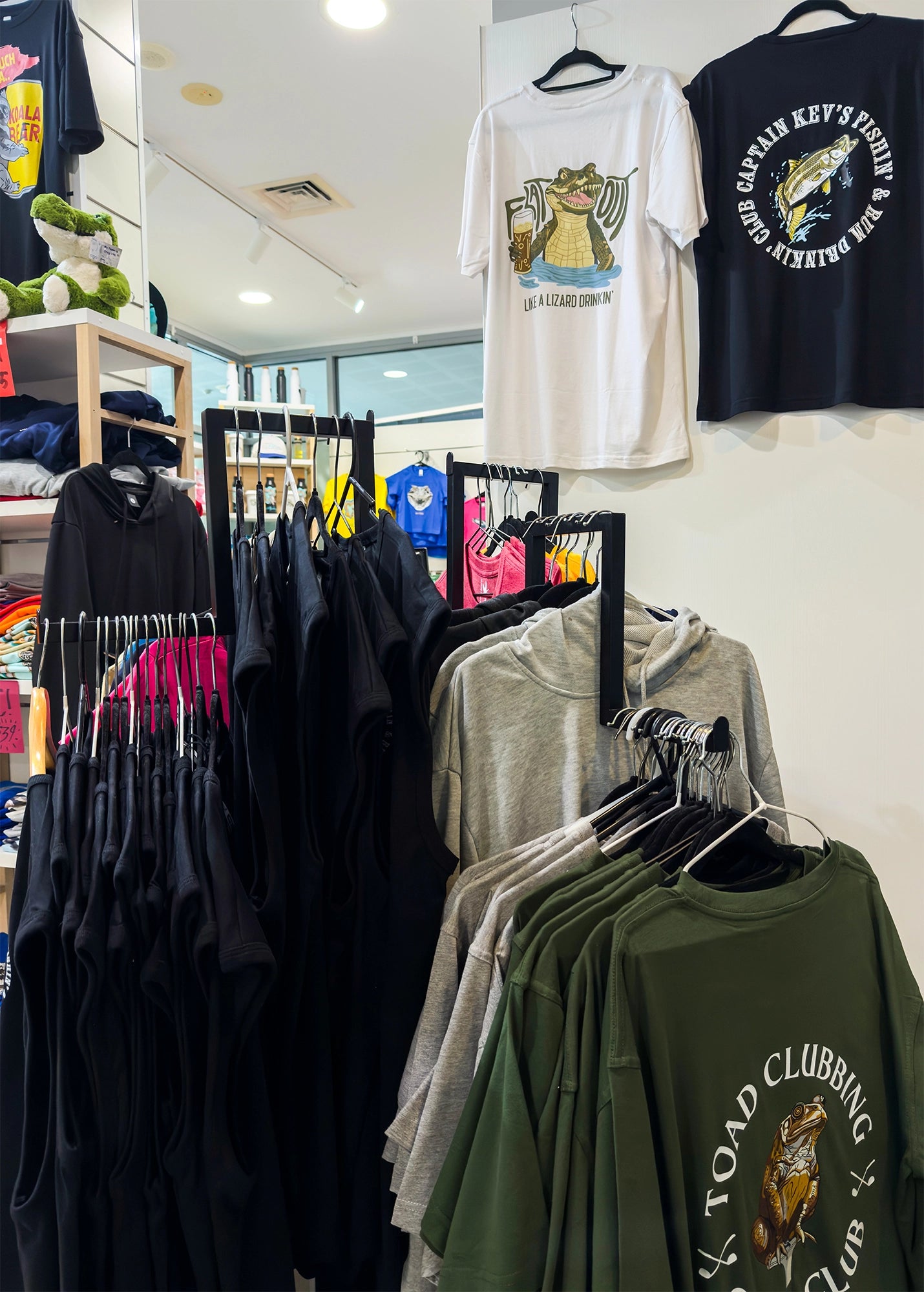 A variety of t-shirts hanging on a shirt rack via clothing hangers.