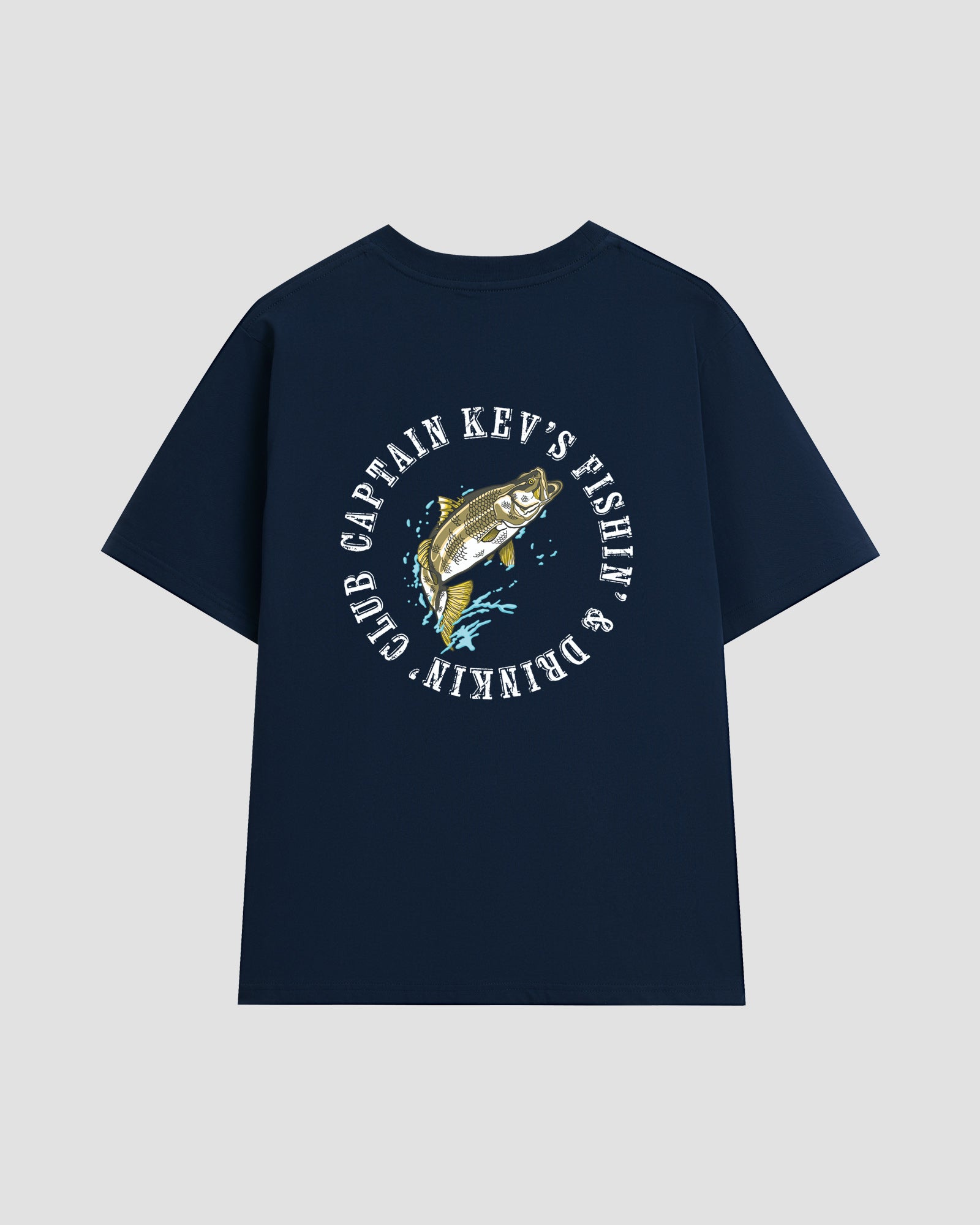 Navy t-shirt with a fish graphic and the text "Captain Kev's Fishin' & Drinkin' Club" against a light grey background.