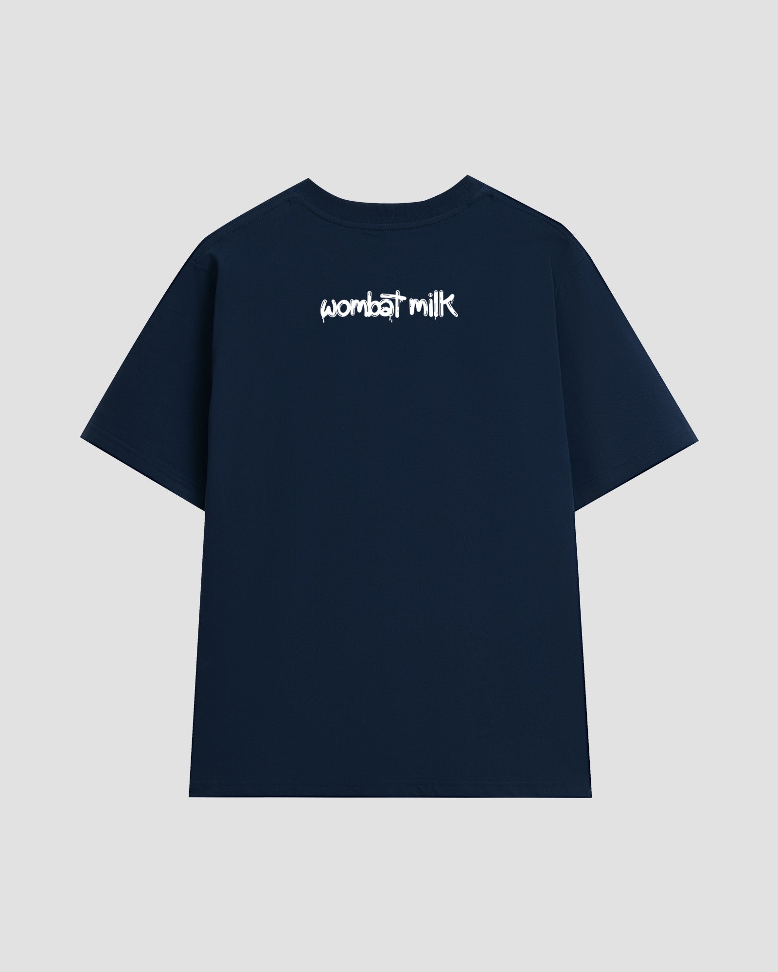 Navy unisex t-shirt featuring a white 'Wombat Milk' logo graphic situated below the collar at the back of the t-shirt.