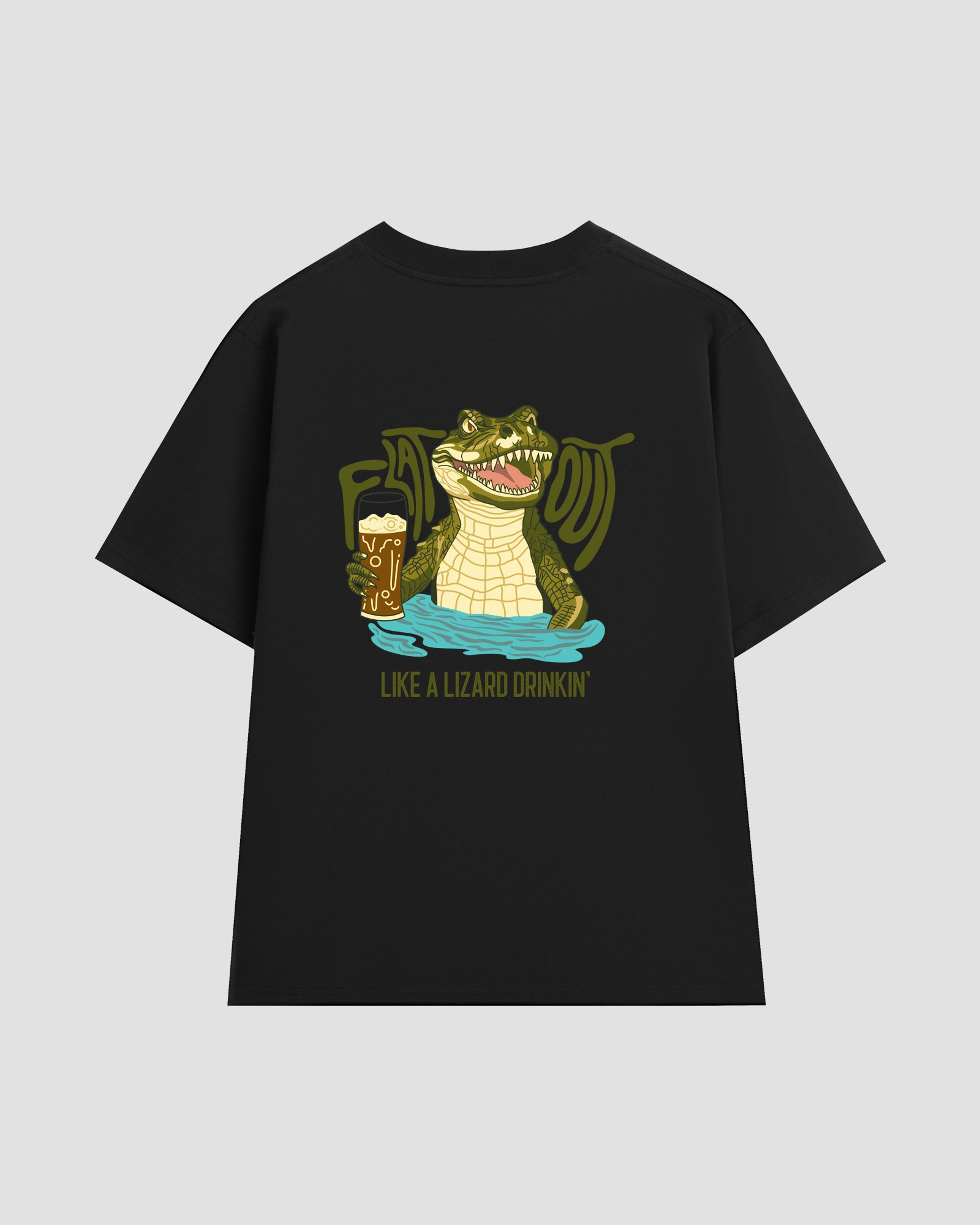 Unisex black t-shirt with a back print of the "Flat Out Like a Lizard Drinkin'" graphic — featuring a crocodile in a pool of water, holding a glass of beer and smiling with its mouth open, showing its teeth.