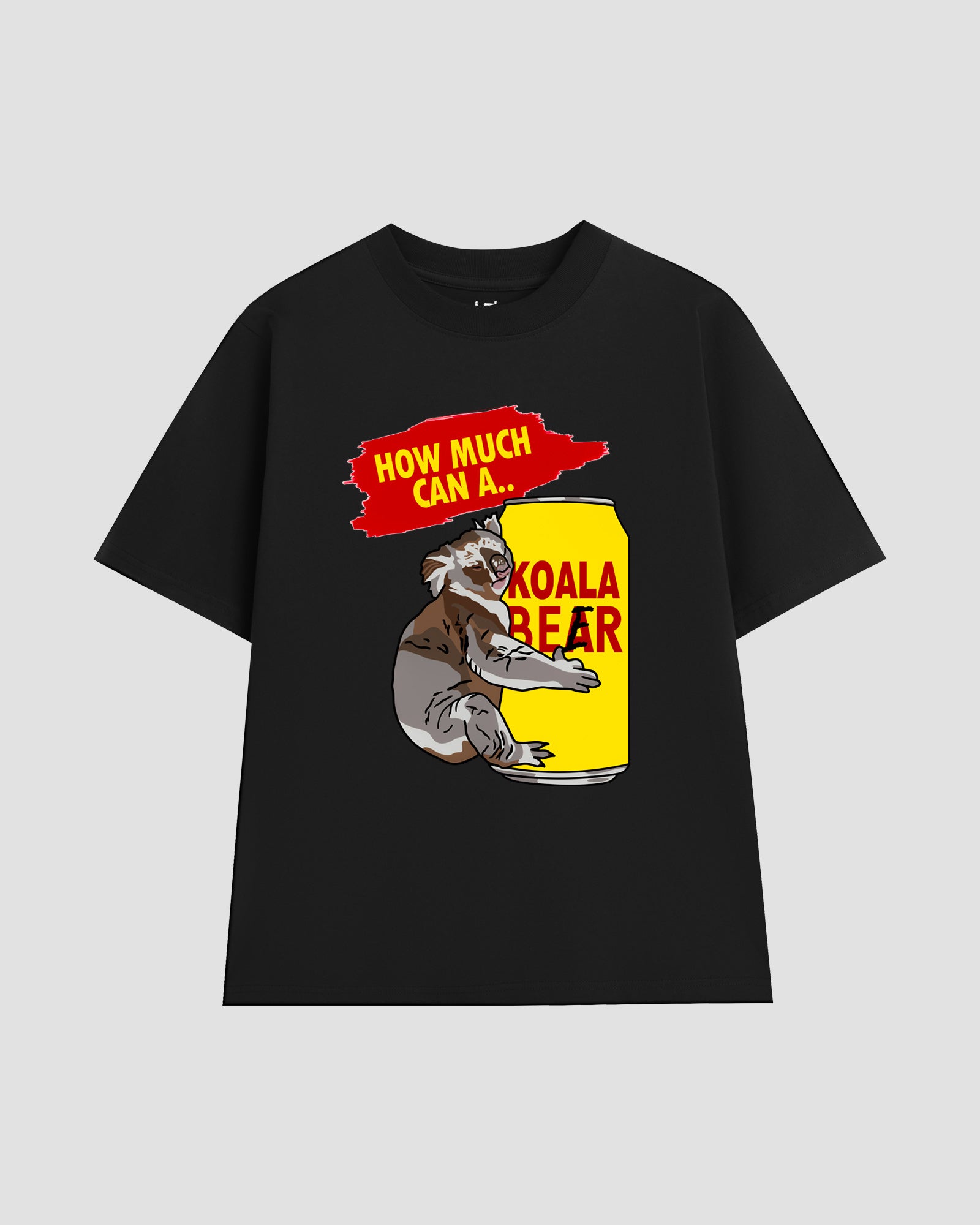 Unisex black t-shirt with a front print of the "Koala Beer" graphic — featuring a drunk and drowsy koala hugging a beer can with "Koala Beer" written on it and "How Much Can A" written above the koala's head. It spells out "How much can a koala beer?" a play on words.