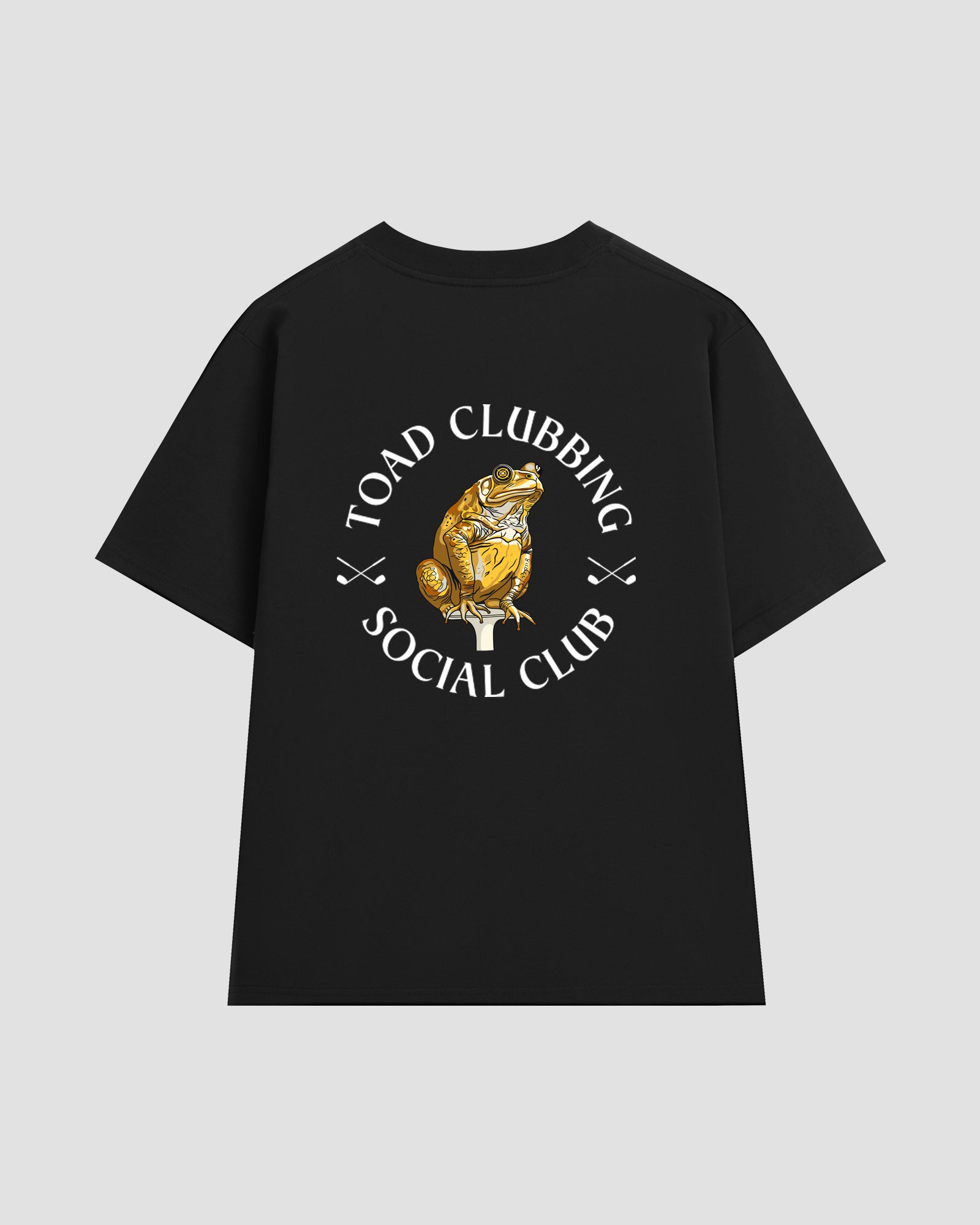 Unisex black t-shirt with a back print of the "Toad Clubbing Social Club" graphic —featuring a cane toad sitting on top of a golf tee with a bullseye in its right eye.