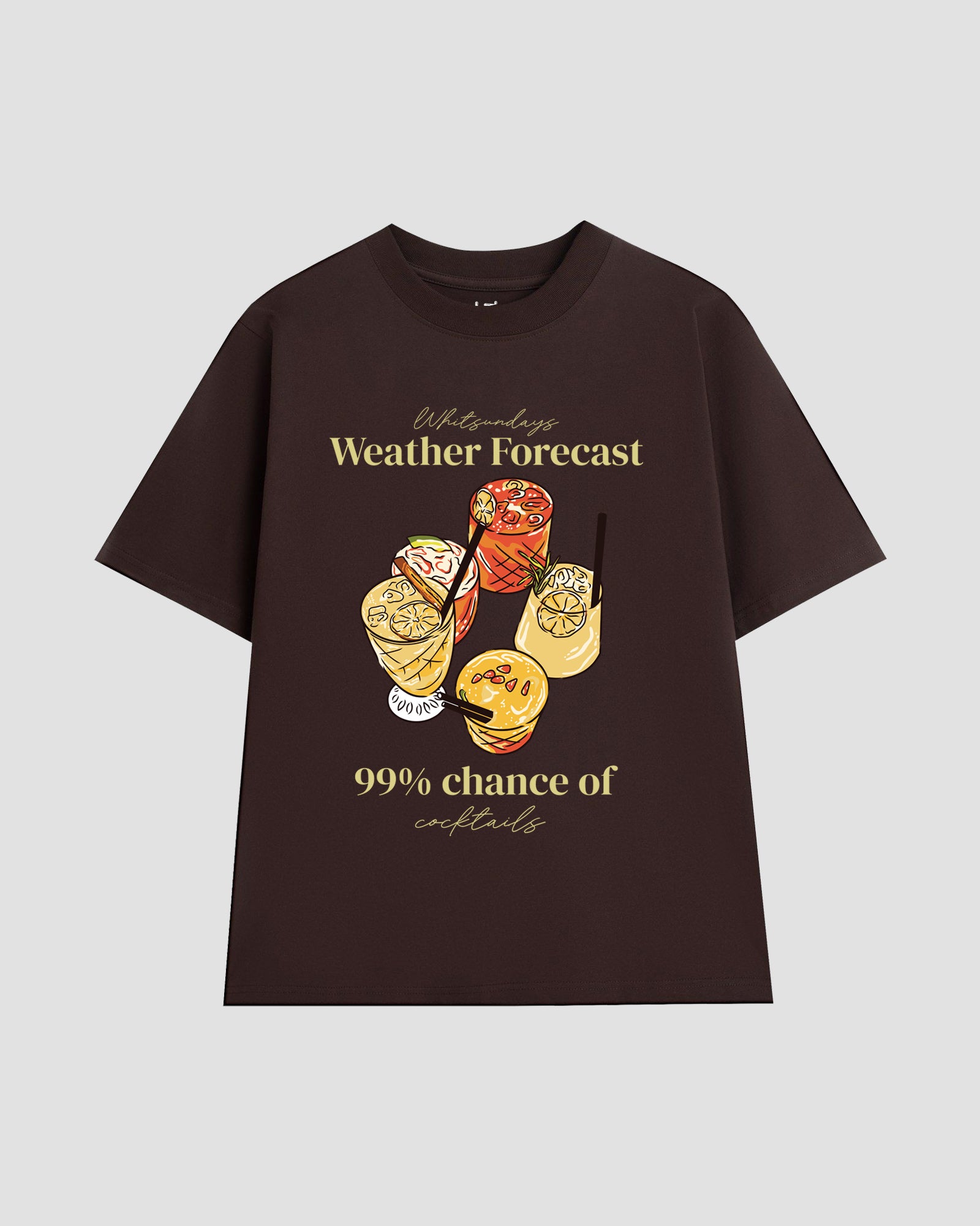 Dark brown t-shirt with a colourful cocktail graphic and the text 'Whitsundays Weather Forecast 99% Chance of Cocktails".