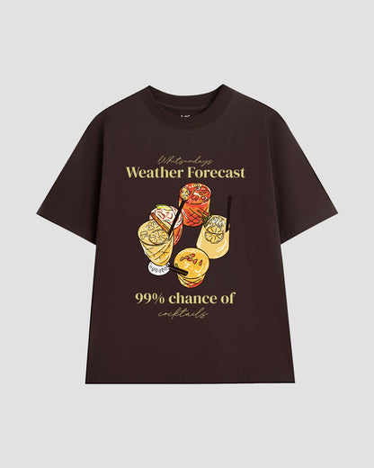 Dark brown t-shirt with a colourful cocktail graphic and the text 'Whitsundays Weather Forecast 99% Chance of Cocktails".