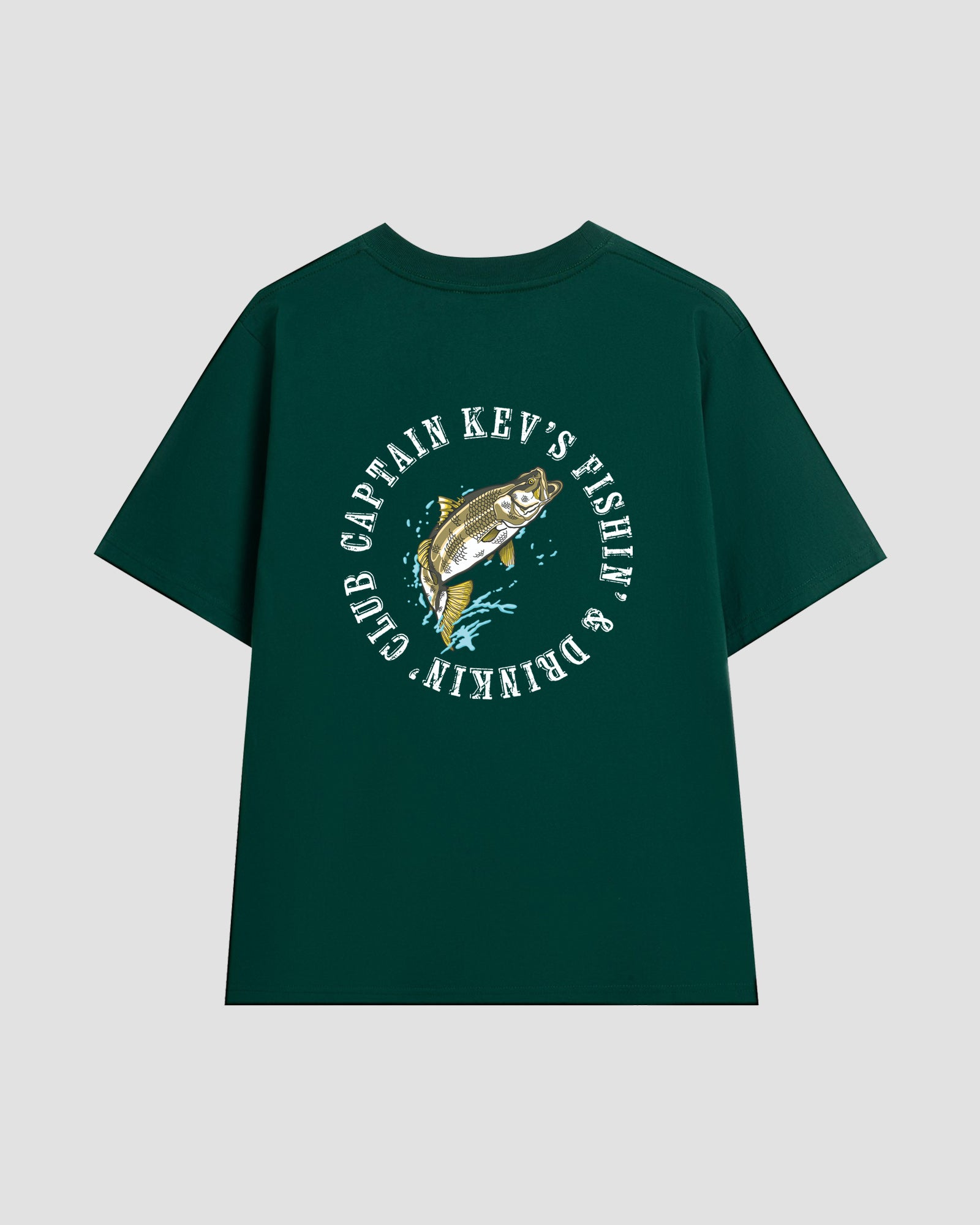 Green t-shirt with a fish graphic and the text "Captain Kev's Fishin' & Drinkin' Club" against a light grey background.