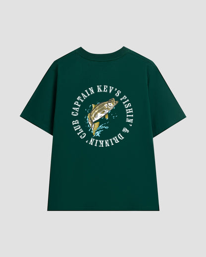 Green t-shirt with a fish graphic and the text "Captain Kev's Fishin' & Drinkin' Club" against a light grey background.