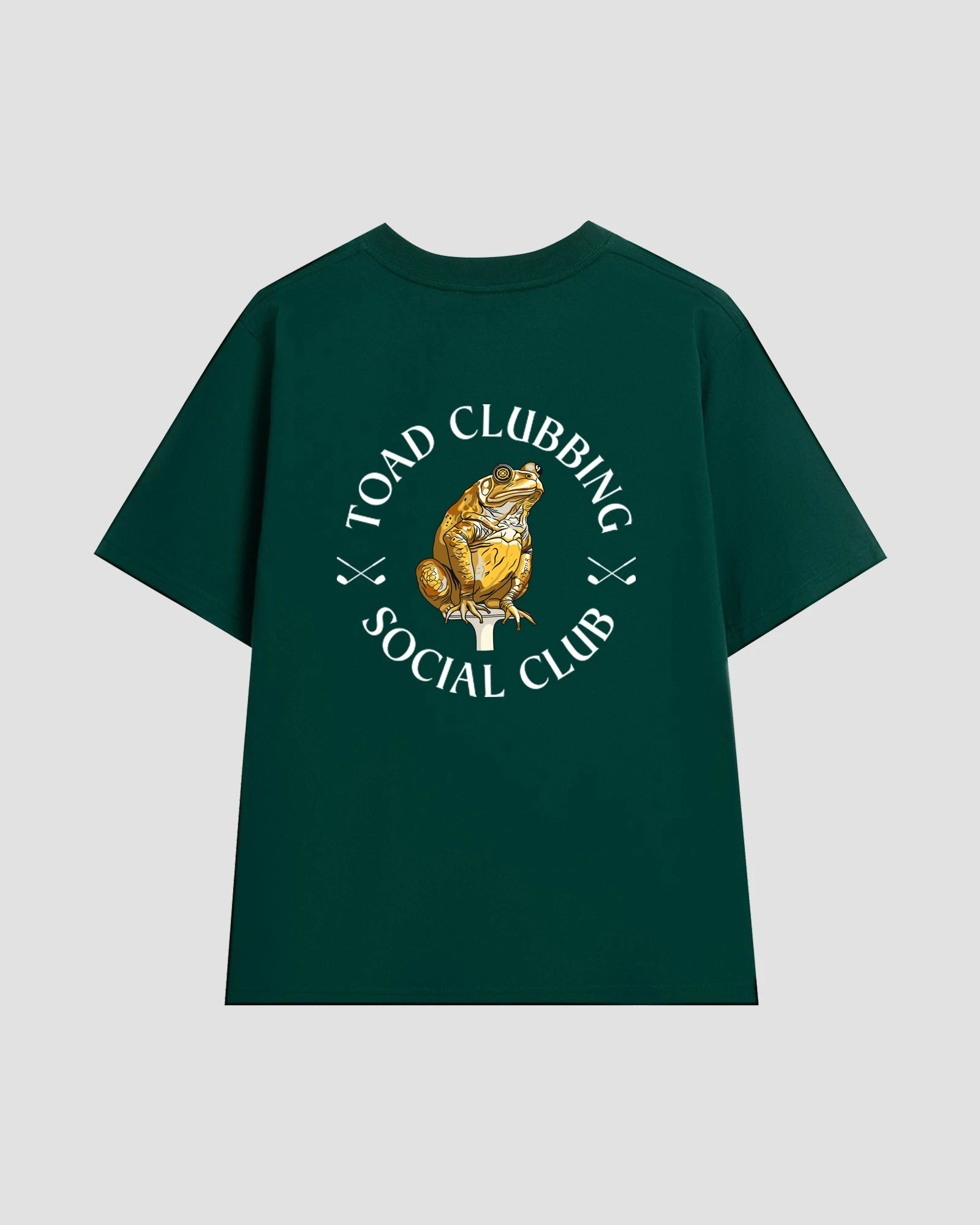 Unisex dark green t-shirt with a back print of the "Toad Clubbing Social Club" graphic —featuring a cane toad sitting on top of a golf tee with a bullseye in its right eye.