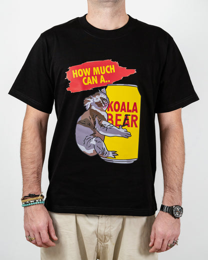 Black t-shirt with a graphic of a koala bear on a can and text 'How much can a... Koala Bear'.