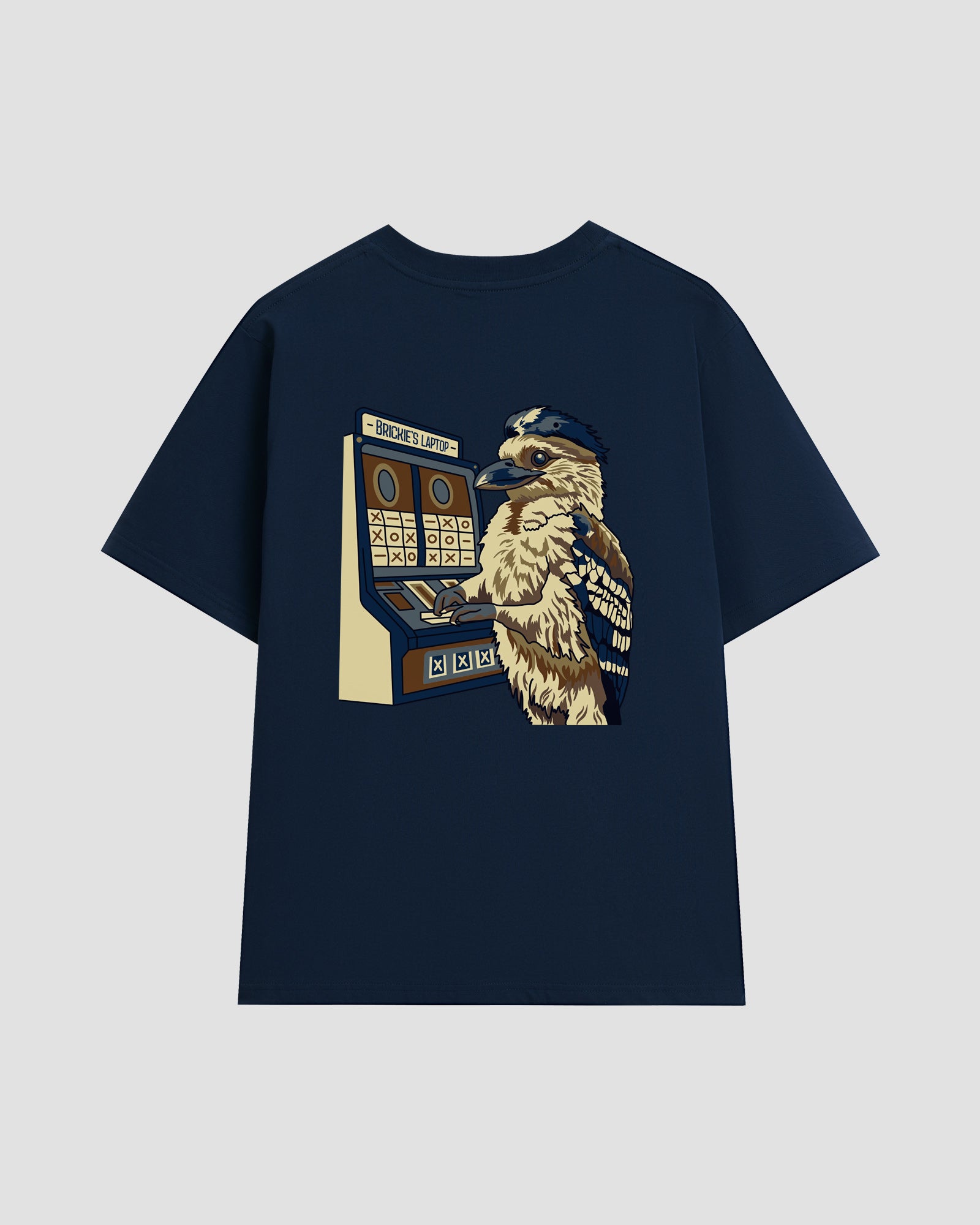 Unisex navy t-shirt with a back print of the "Brickie's Laptop" graphic — featuring a kookaburra playing a pokie machine.