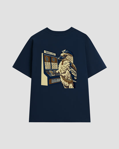 Unisex navy t-shirt with a back print of the "Brickie's Laptop" graphic — featuring a kookaburra playing a pokie machine.