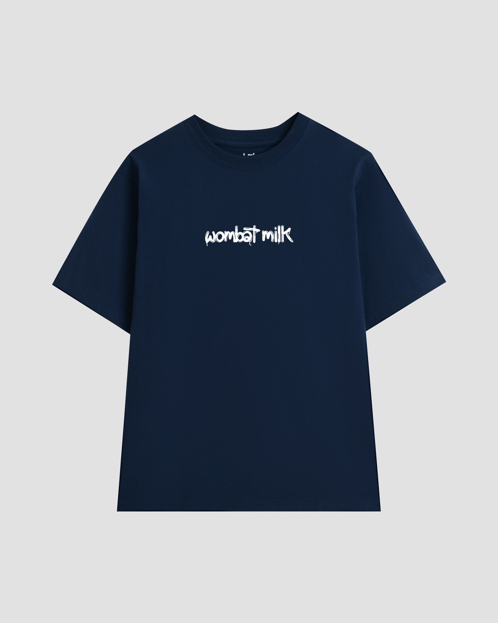Navy unisex t-shirt featuring a white 'Wombat Milk' logo graphic centred on the chest.