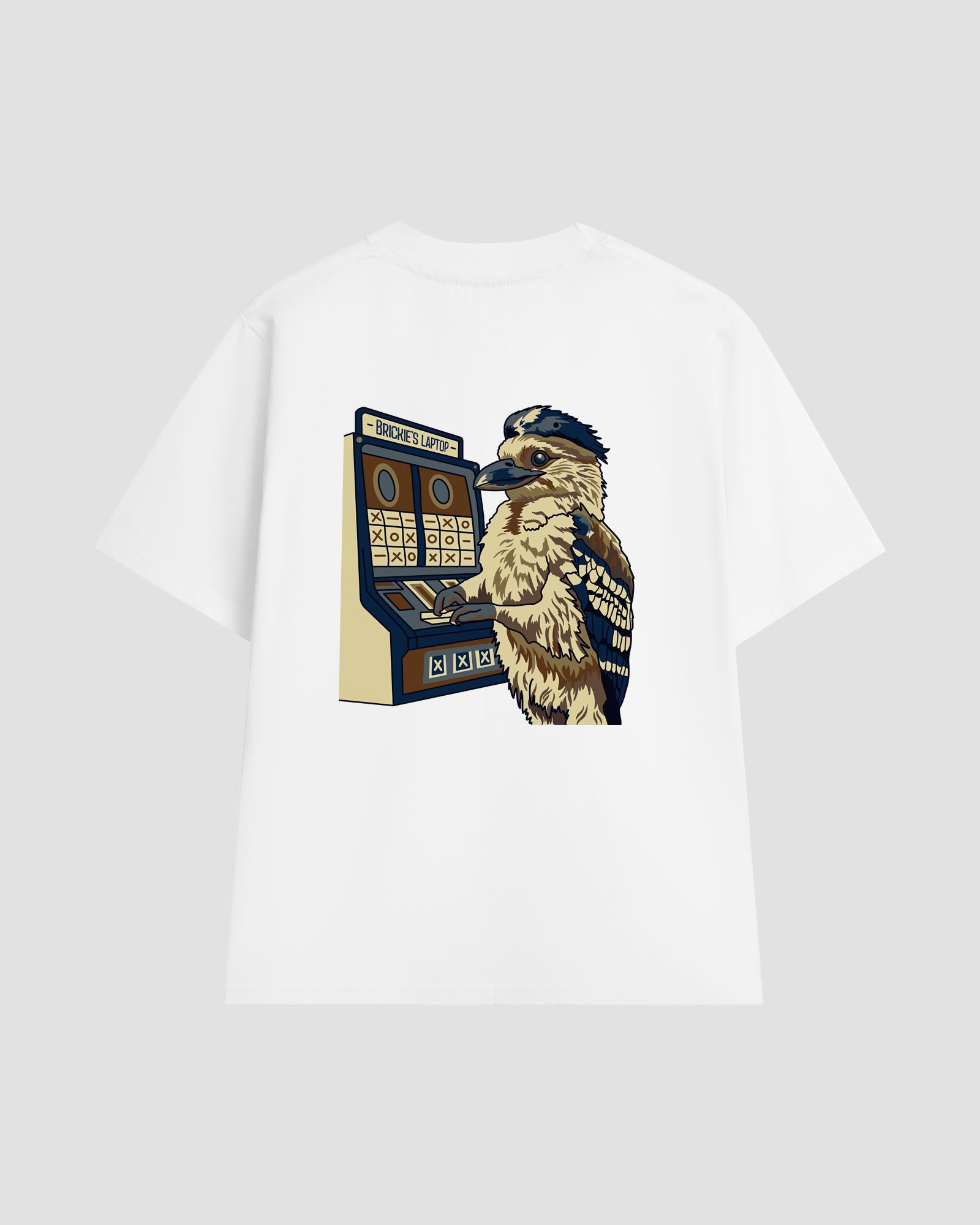 Unisex white t-shirt with a back print of the "Brickie's Laptop" graphic — featuring a kookaburra playing a pokie machine.