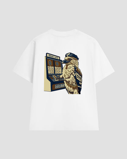 Unisex white t-shirt with a back print of the "Brickie's Laptop" graphic — featuring a kookaburra playing a pokie machine.
