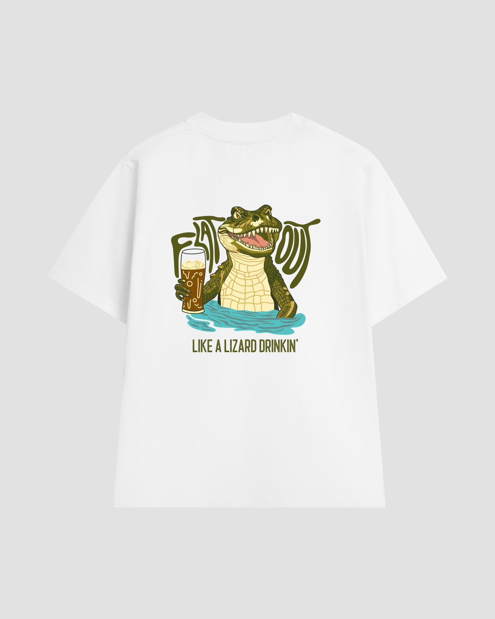 Unisex white t-shirt with a back print of the "Flat Out Like a Lizard Drinkin'" graphic — featuring a crocodile in a pool of water, holding a glass of beer and smiling with its mouth open, showing its teeth.