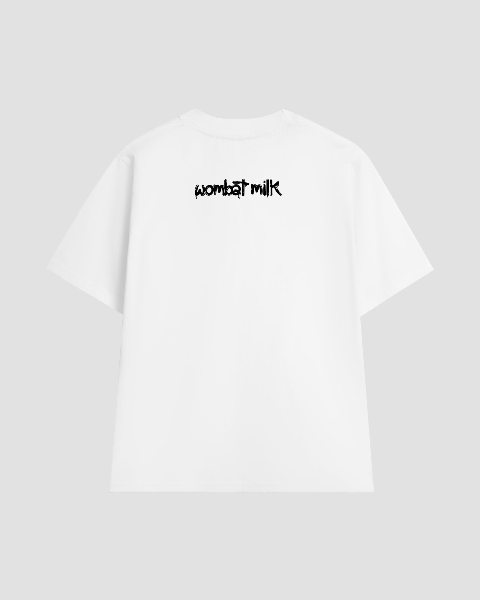 White unisex t-shirt featuring a black 'Wombat Milk' logo graphic situated below the collar at the back of the t-shirt.