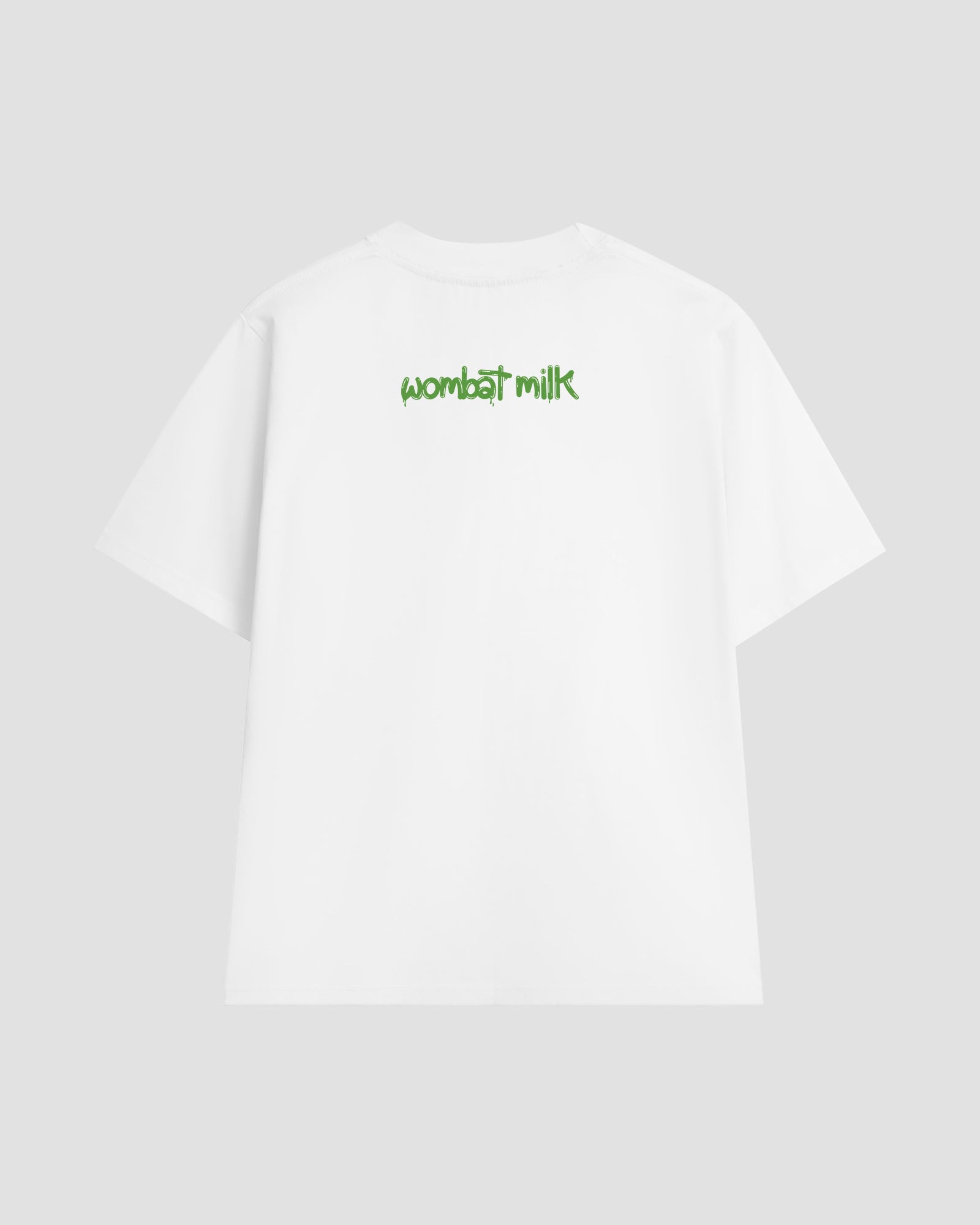 White unisex t-shirt featuring a bright green 'Wombat Milk' logo graphic situated below the collar at the back of the t-shirt.
