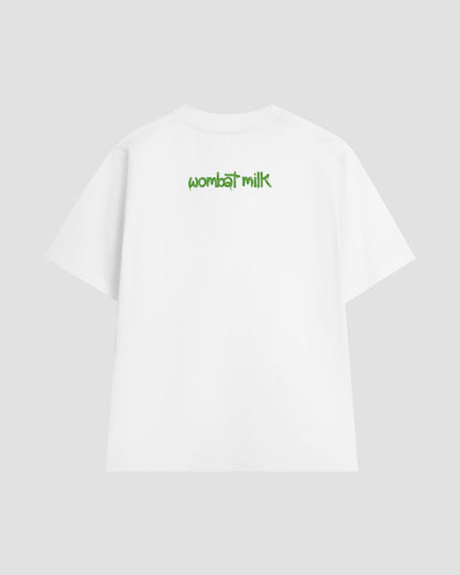 White unisex t-shirt featuring a bright green 'Wombat Milk' logo graphic situated below the collar at the back of the t-shirt.