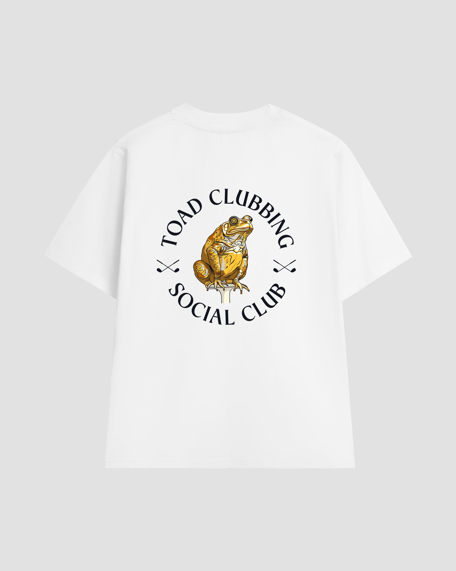 Unisex white t-shirt with a back print of the "Toad Clubbing Social Club" graphic —featuring a cane toad sitting on top of a golf tee with a bullseye in its right eye.
