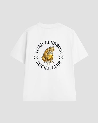 Unisex white t-shirt with a back print of the "Toad Clubbing Social Club" graphic —featuring a cane toad sitting on top of a golf tee with a bullseye in its right eye.