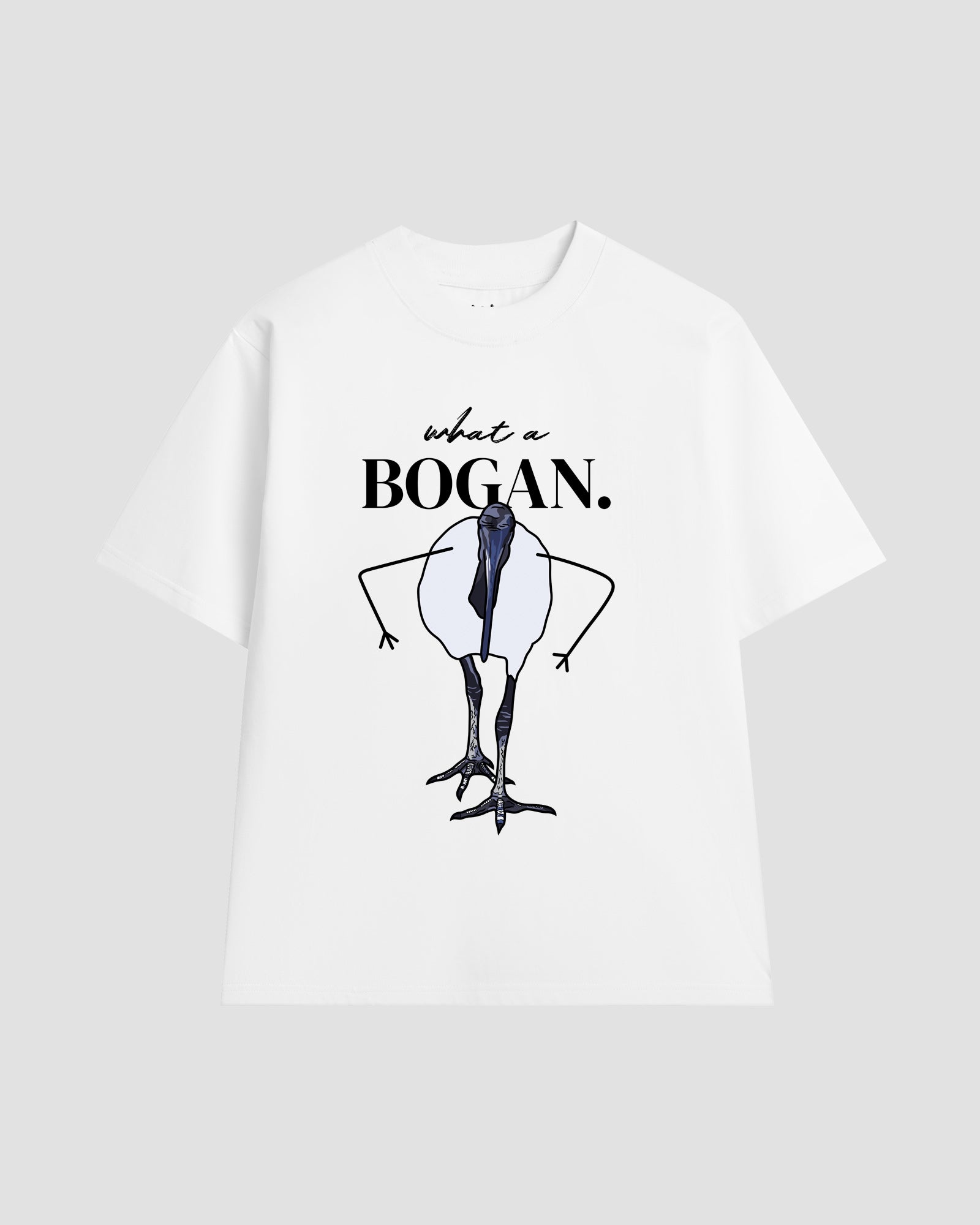 White t-shirt with a graphic of a ibis bin chicken and text 'what a BOGAN.' 