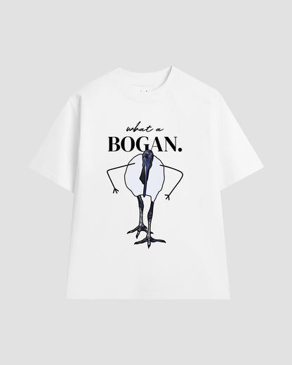 White t-shirt with a graphic of a ibis bin chicken and text 'what a BOGAN.' 
