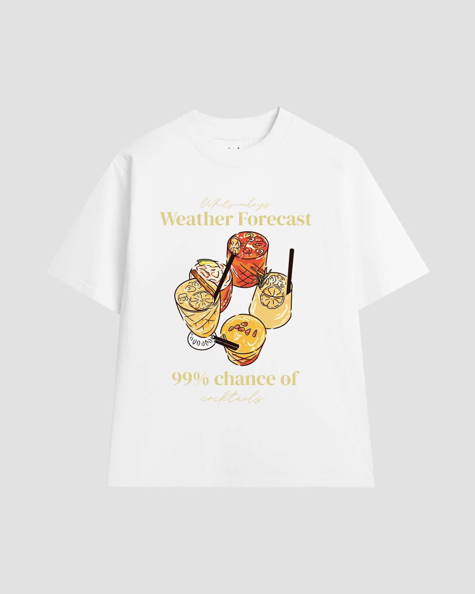 White t-shirt with a colourful cocktail graphic and the text 'Whitsundays Weather Forecast 99% Chance of Cocktails".